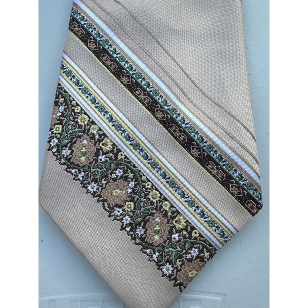 Boticelli Vintage Mens Tie Tan Brown Green Floral Geometric Diagonal Stripe Wide